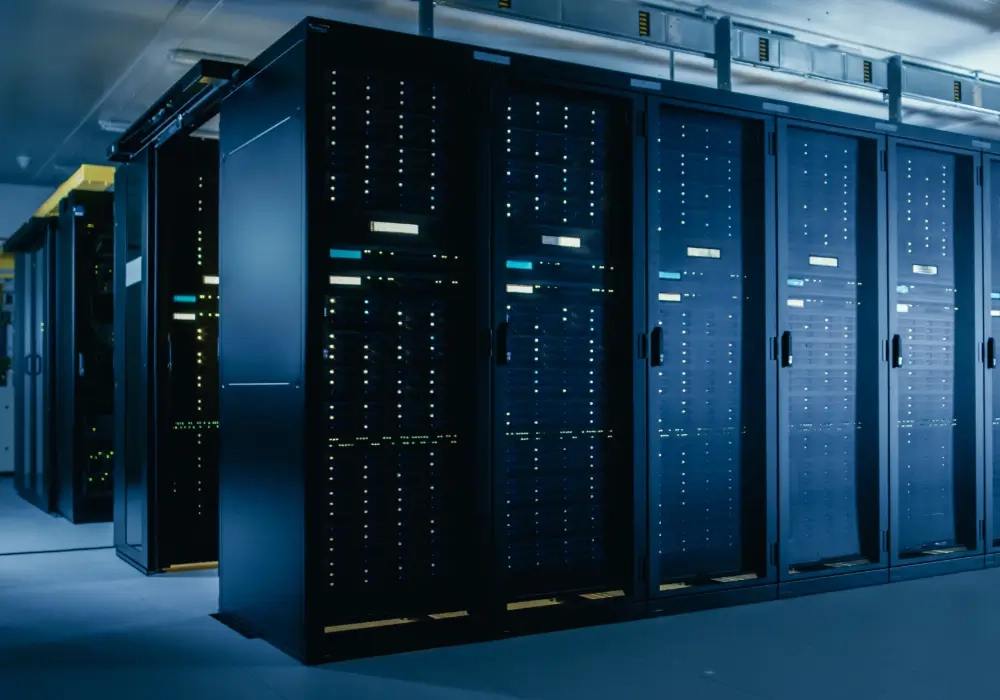 Inside a data center with servers in a row